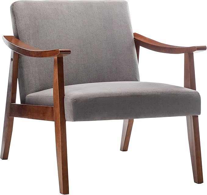 Accent Chair with Velvet Upholstery and Solid Wood Frame, Classic Mid-Century Modern Living Room Furniture for Extra Seating, Grey