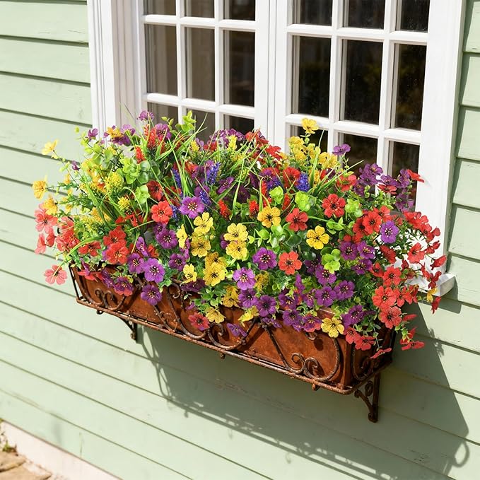 Artificial Flowers for Outdoors, 14 Bundles Multicolor Fake Flowers with Greenery Grass Lavendar for Spring Summer Decoration, UV Resistant Fake Plants for Planter Porch Patio Yard Home Decor