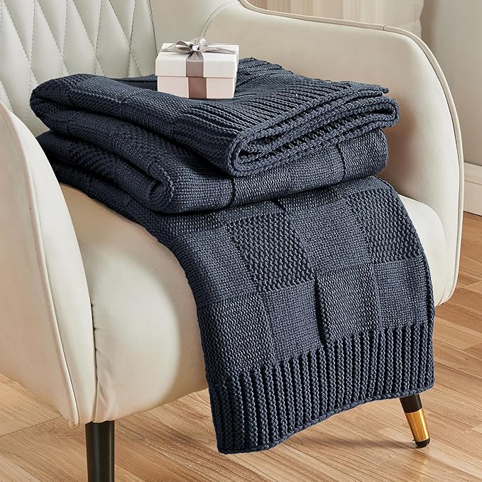 CozeCube Check Knit Throw Blanket, Midnight Navy Checkered Throw for Couch, Decorative Christmas Soft Cozy Warm Knitted Blanket for Bed Sofa Living Room, 60"X80"