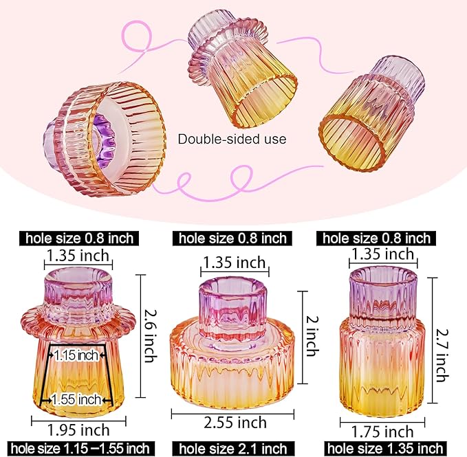 Double Sided Vintage Ribbed Taper Glass Candle Holders,Tea Candle Holder for Table Centerpieces, Wedding Decorations and Dinner Parties (Purple-Pink-Yellow, 6 PCS)