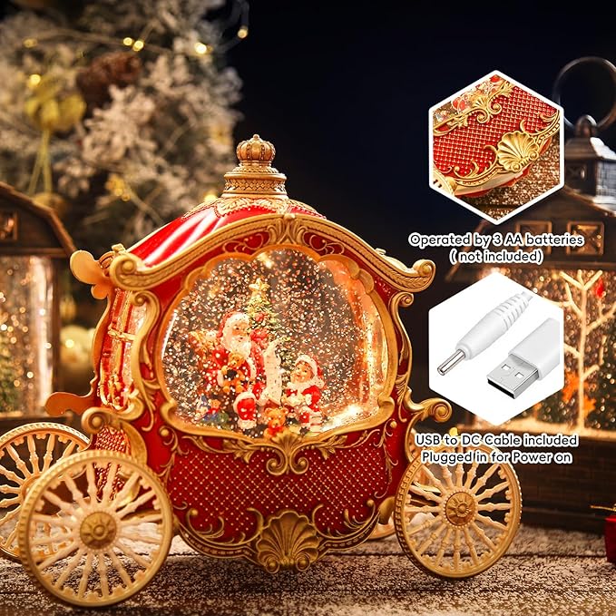 Christmas Snow Globe Carriage with Santa Claus – Vintage 8 Songs Musical Box, Automatic Snowfall, Led Light, USB or Battery Powered,for Christmas Festival Home Fall Decoration Gifts, Red