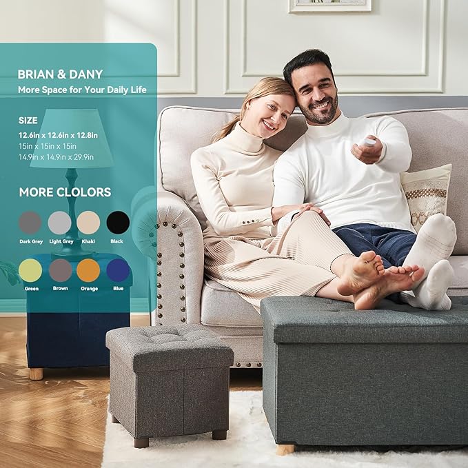 BRIAN & DANY Ottoman with Storage, Small Storage Ottoman for Dorm, Linen Folding Ottoman Foot Stool with Legs for Living Room and Bedroom, 15"x15"x15" - Gray