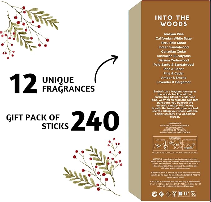 Folkulture Incense Sticks (240 Sticks) | Set of 12 Premium Incense Sticks Variety Pack Aromatherapy Gifts | No Charcoal, Organic, Non Toxic, 45 Mins, Long Burning Palo Santo, Sandalwood Insence-Sticks