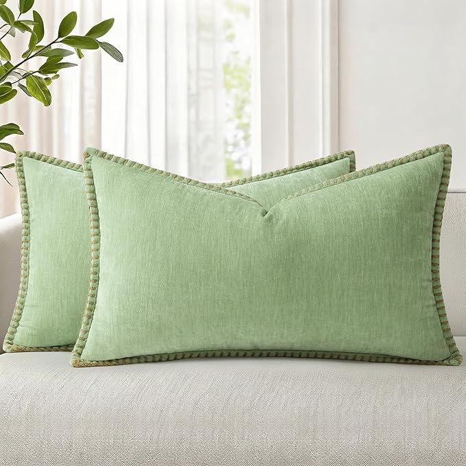 decorUhome Spring Chenille Soft Cozy Throw Pillow Covers 12x20 Set of 2, Modern Farmhouse Boho Velvet Decorative Pillow Cases with Stitched Edge for Couch Sofa Bed Home Decor, Sage Green