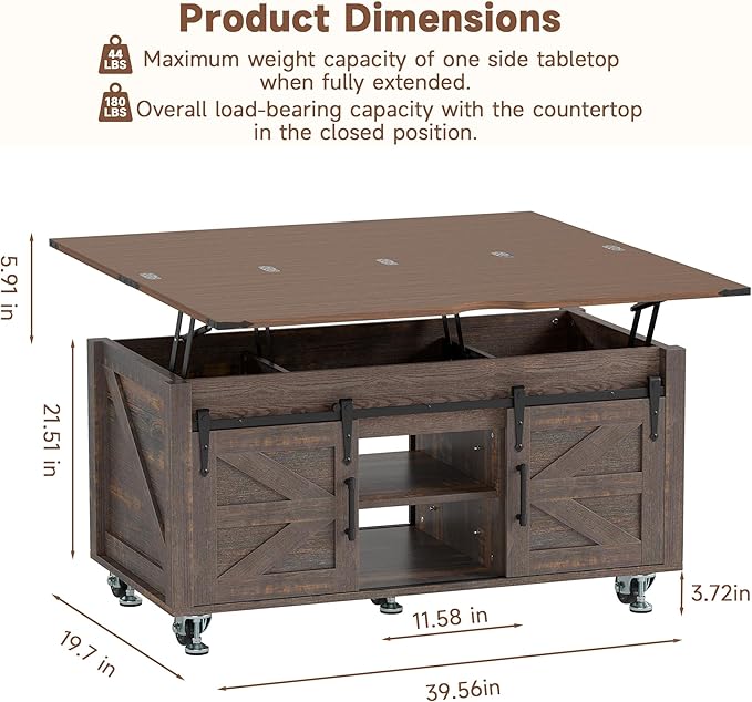 40” Farmhouse Coffee Table Bilateral Lift Top with Sliding Barn Door Movable Rustic Square Center Table with Large Hidden Storage Compartment Lifting Tabletop for Home Living Room,Office (Dark Brown)