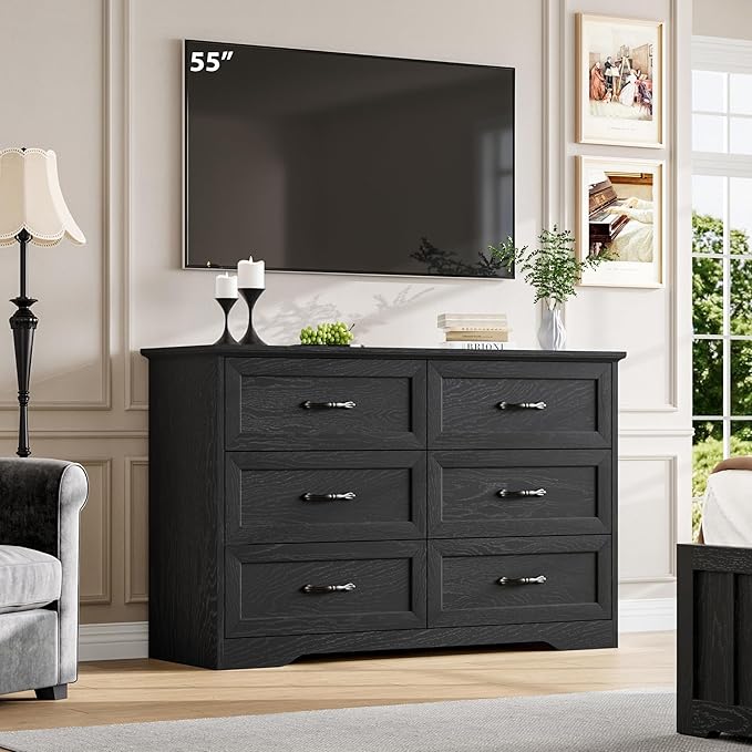 GAOMON Farmhouse 6 Double Drawers Dresser for Bedroom, 47.2'' Wide Chest of Drawer, Wooden Horizontal Dresser with Metal Handles and Stable Base, Modern Cabinet for Bedroom, Living Room, Black