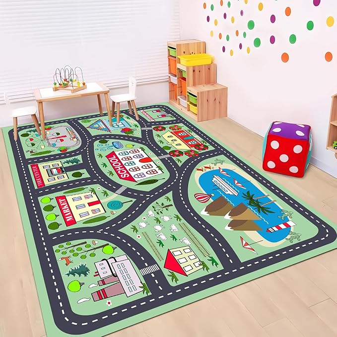 Kids Car Playmat, Kids Rug for Playroom Car Mat Town City Road Traffic Rugs, Play Mat for Floor, Extra Large Boys Kid Car Track Play Rug (Style Two, 59X 39.4 INCH)