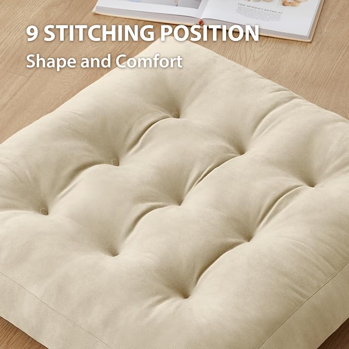 Meditation Floor Pillow Set of 2, Square Large Pillows Seating for Adults, Meditation Cushion Pillow,Tufted Corduroy Cushion for Tatami Living Room or Yoga, Beige, 22x22 Inch
