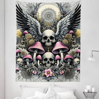Ambesonne Gothic Tapestry Twin Size, Blushy Mushrooms and Wingy Skull with Lace and Cactus Flowers Art Boho, Wall Hanging Bedspread Bed Cover Wall Decor, 68" X 88", Pink Grey Yellow Mustard