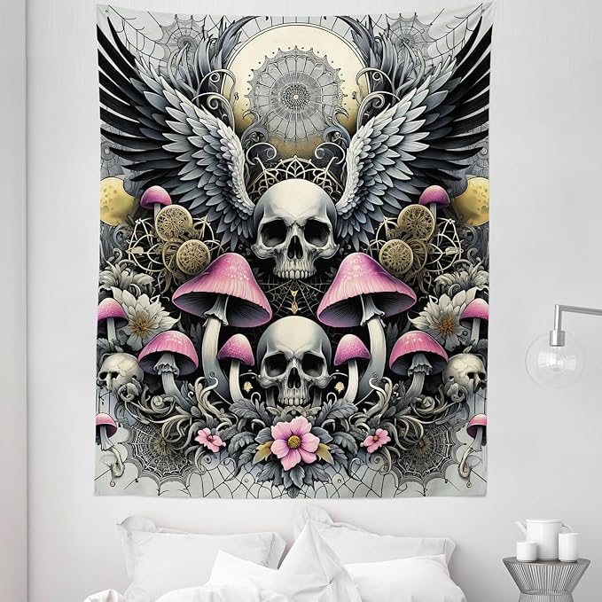 Ambesonne Gothic Tapestry Twin Size, Blushy Mushrooms and Wingy Skull with Lace and Cactus Flowers Art Boho, Wall Hanging Bedspread Bed Cover Wall Decor, 68" X 88", Pink Grey Yellow Mustard
