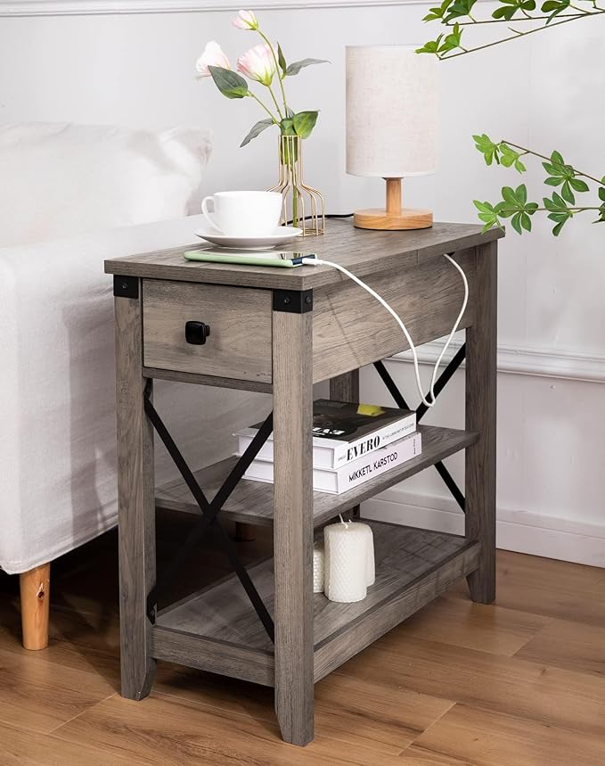 Narrow End Table with Charging Station Farmhouse Slim Side Table with USB Ports and Power Outlets, Nightstand with Flip Top and Storage Drawer, for Small Spaces Living Room Bedroom, Gray