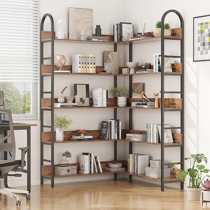 Semoic 5 Tiers Tall Corner Bookshelf, Large Heavy Duty Industrial Corner Bookcase with Metal Frame, L Shaped Bookshelves and Bookcases Etagere Bookcase Display Storage Shelves for Living Room, Brown