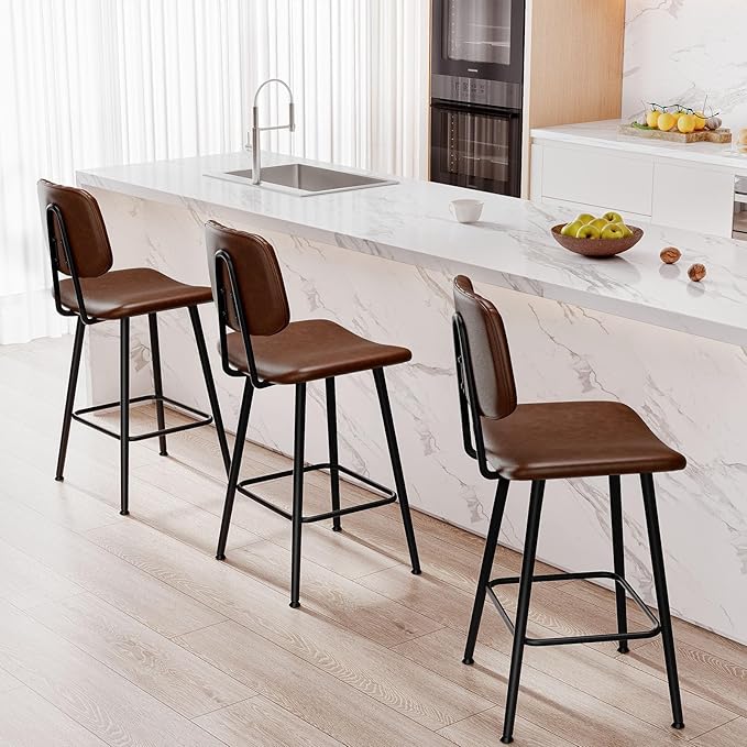 24-Inch Leather Bar Stools Set of 2, Counter Height Barstools with High Backrest，Bar Chairs for Kitchen Island with Heavy Duty Metal Legs, Dark Brown