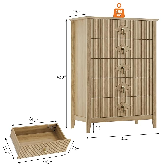 GarveeHome Fluted Dresser for Bedroom, 42.9" Tall 5-Drawer Wood Dresser, Modern Chest of Drawers, Storage Organizer Cabinet for Living Room, Hallway, Entryway, Natural Oak