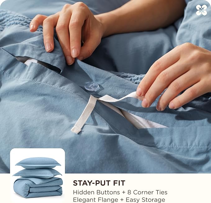 Bedsure Cotton Duvet Cover Queen - 100% Cotton Waffle Weave Grey Blue Duvet Cover Queen Size, GentleSoft™ and Breathable Bedding Set for All Season, 3 Pieces, 90"x90"
