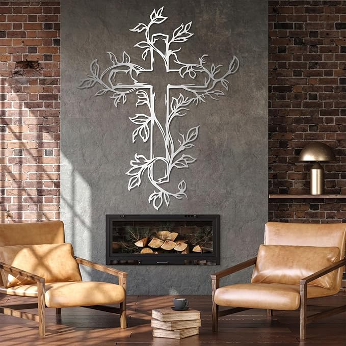 Hotuijxca Cross Metal Wall Art, Tree of Life Crosses Metal Wall Decor, Christianity Wall Art for Living Room, Bedroom(Silver,35" x 28" / 90 x 72 cm)