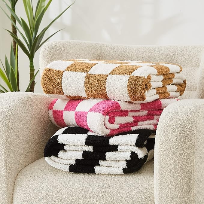 WRENSONGE Checkered Throw Blanket, Black and White Soft Cozy Fluffy Warm Hand Made Throw Blankets for Couch, Sofa, Chair, Bed, Camping, Picnic, Travel Lightweight Bed Blanket - 60"*80"