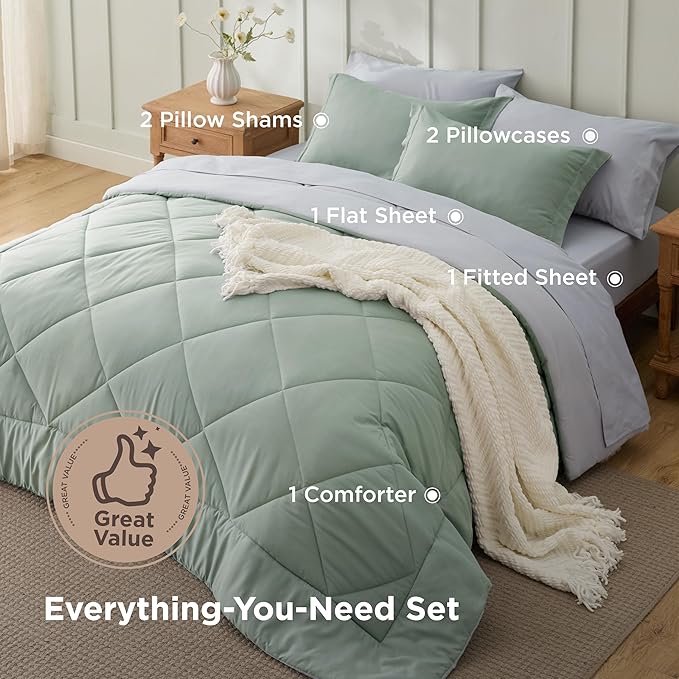 Bedsure Sage Green Queen Comforter Set - 7 Pieces Reversible Bed Set Sage Green Bed in a Bag Queen with Comforters, Sheets, Pillowcases & Shams, Queen Bedding Sets