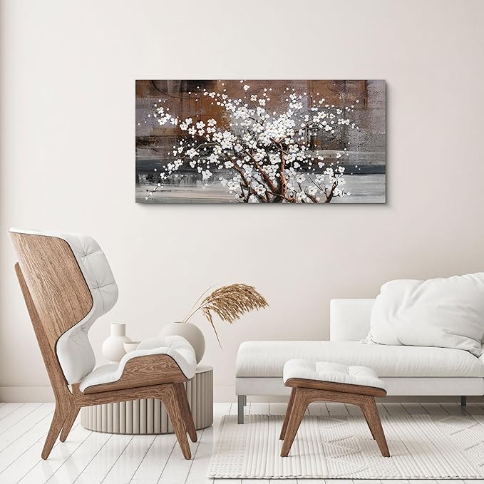 KLAKLA Wall Art for Living Room Large Modern Wall Decor Canvas Paintings for Wall Decorations White Flower on Brown Background Bedroom Office Artwork Plum Blossom Art Prints Framed 20x40