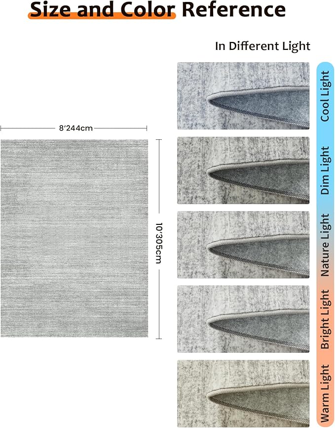 Art&Tuft Washable Rugs 8x10, Area Rugs for Living Room - Non Slip and Stain Resistant Soft Thin Low Pile 8x10 Rug for Bedroom, Dining Room, Kitchen, Office, Grey