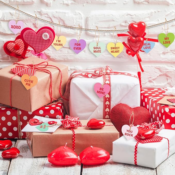 ANGOLIO 37Pcs Valentine's Day Wooden Candy Heart Hanging Ornaments Conversation Heart Hanging Decorations Colorful Love Heart Ornaments for Valentine's Day Wedding Holiday Party Supplies Decor