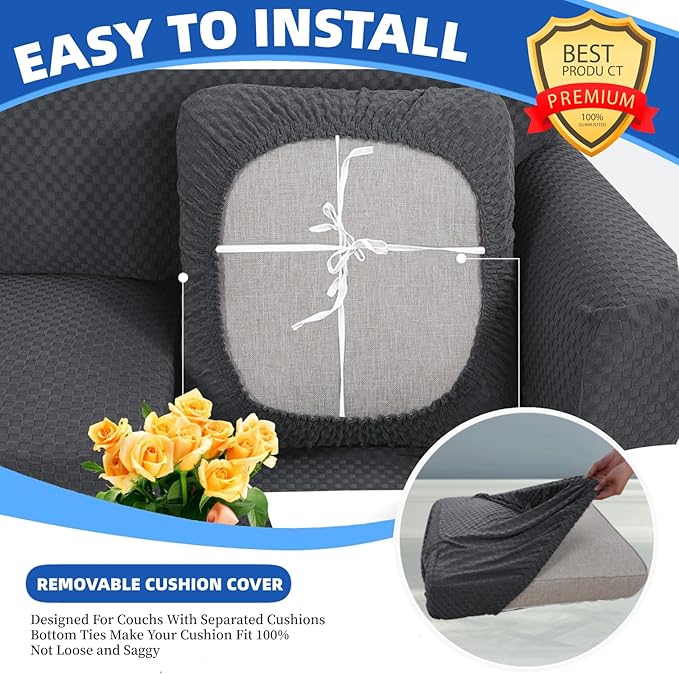 YEMYHOM Stretch Individual Cushion Covers Sofa Chair Seat Cushion Slipcovers Soft Couch Cover Replacement Large Checkered Furniture Protector with Elastic Bottom (1 Pc Cushion Cover, Dark Gray)