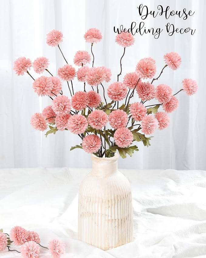 DuHouse 6pcs Artificial Flowers Faux Silk Pompon Mum,Silk Small Mini Chrysanthemum Ball with Stems for DIY Bouquets Centerpieces Vase Home Table Kitchen Decorations(Blush)