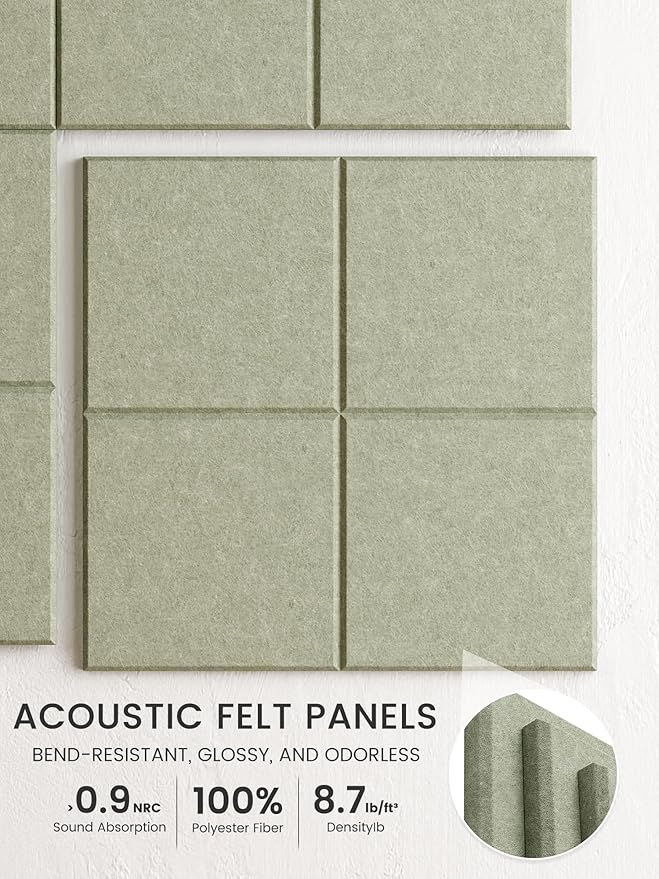 Bumusty Large Felt Bulletin Board, 36" x 24" Cork Board Alternative, 6-Pack Wall Tiles with 4-Compartment Design, 30 Push Pins, 40 Adhesive Tabs, Ideal for Office & Home Decor, Sage