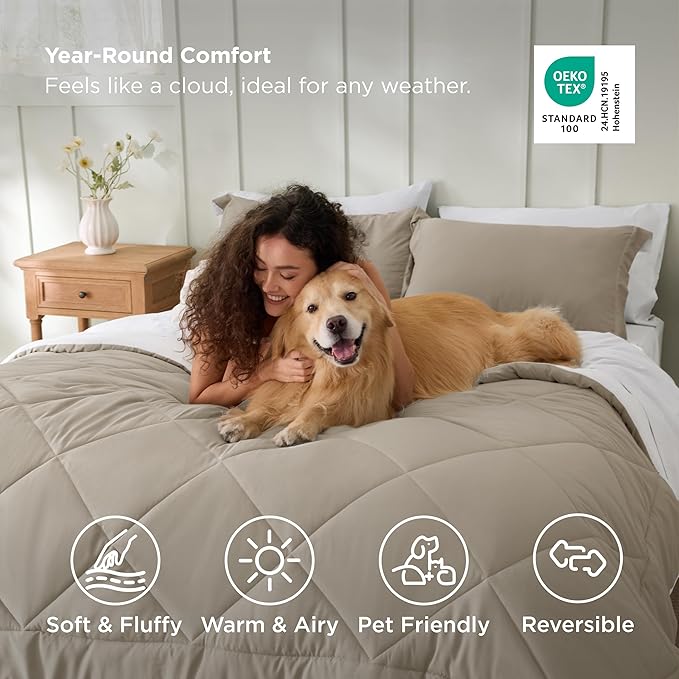 Bedsure King Size Comforter Set - 7 Pieces Reversible Beige and White Bedding, King Size Bed Set for All Seasons, Bed in a Bag with Down Alternative Comforter, Sheets, Pillowcases & Shams