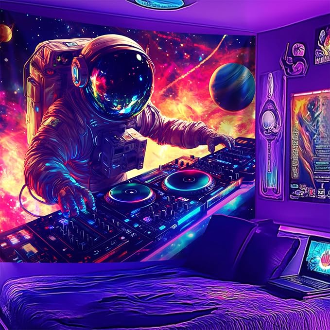 NYZE Astronaut Space Tapestry for Bedroom, Glow in the Dark Room Decor Wall Tapestries, Cool Galaxy Planet Wall Hanging, Wall Hanging for Men Guys Gamer Room Dorm Living Room 90x70 in