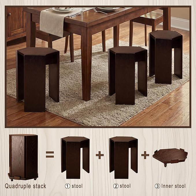 2-Pack Stackable Stools with Wheels | 18 Inch Nesting Side Tables for Living Room| Stackable Coffee Table | Wooden Chairs | No Tools Assembly |Side Coffee Tables for Easy Storage (Walnut)