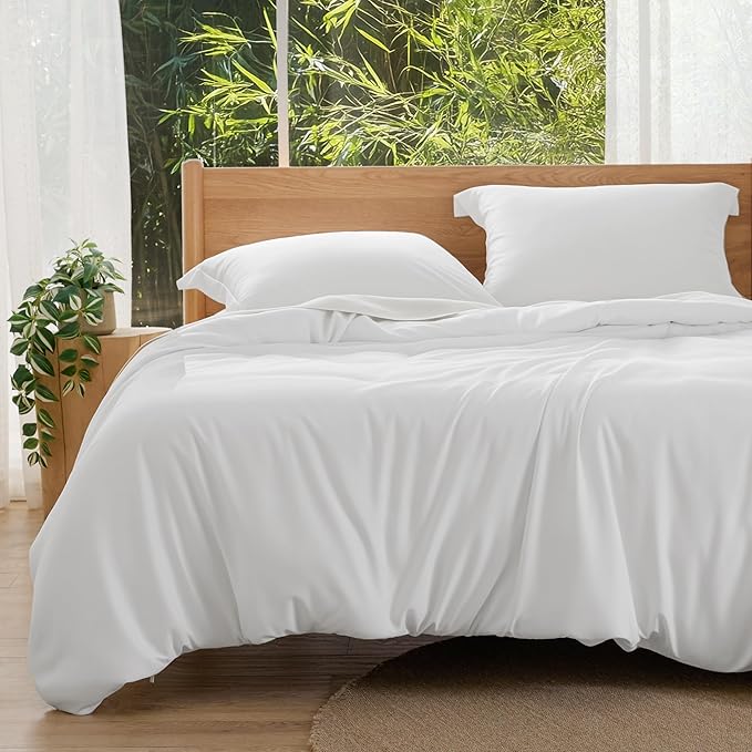 Bedsure 100% Rayon Derived from Bamboo Duvet Cover Queen Size - Lightweight Silky Cooling Comforter Cover Set for Hot Sleepers, Breathable & Moisture-Wicking Bedding Set, White