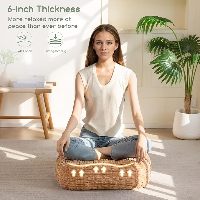 6" Washable Floor Pillow Cushion for Adults, Meditation Cushion Pillow, Removable Tufted Blended Corduroy Cover, Large Square Floor Sitting for Tatami Living Room or Yoga, 2Pack, Machine Washable