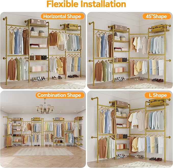 W4 Wall Mounted Clothes Rack, Industrial Pipe Clothing Rack, Garment Rack with 6 Hanging Clothes Rods Double Expandable Rods & 6 Adjustable Shelves, Heavy Duty Corner Wardrobe Racks, Gold