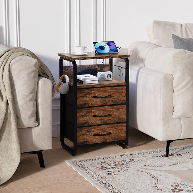 Bed Side Table with 3 Fabric Drawers, Night Stand with Charging Station, LED Nightstand with Hooks, Bedside Table End Table with Storage, Night Table for Living Room, Bedroom (Rustic Brown)