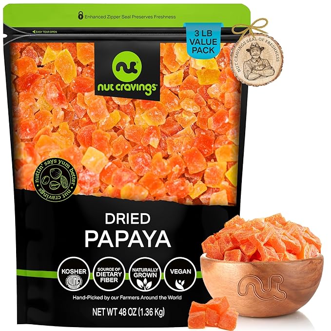 NUT CRAVINGS - Dried Papaya Chunks, Lightly Sweetened (48oz, 3 LB) Tu Bishvat Favorite - Sweet Healthy Snack, Vegan, Kosher, Resealable Bag