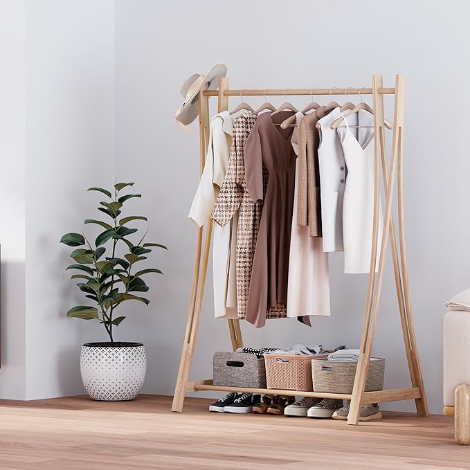 Wooden Retail Display Hanging Clothes Rack with Storage Shelf, 40" W x 57" H Freestanding Heavy Duty Clothing Drying Garment Rack for Hanging Clothes, Coat, Dress, Shirt, Hat