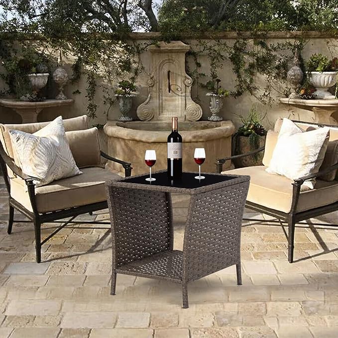 Outdoor Side Table Wicker Rattan Side Tables, End Table for Patio with Glass Top Rattan Storage for Patio Courtyard Balcony