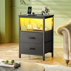Huuger Night Stand with Charger Station and LED Lights, 2 Drawer Nightstand, Bed Side Table with Open Shelf, End Table, Fabric Dresser for Bedroom, Black