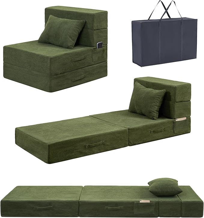 Folding Sofa Bed, 4 in 1 Convertible Sleeper Chair with Pillow, Single Memory Foam Fold Out Chair Bed, Modern Floor Futon Sofa Couch Mattress for Living Room/Guest/Apartment, Green