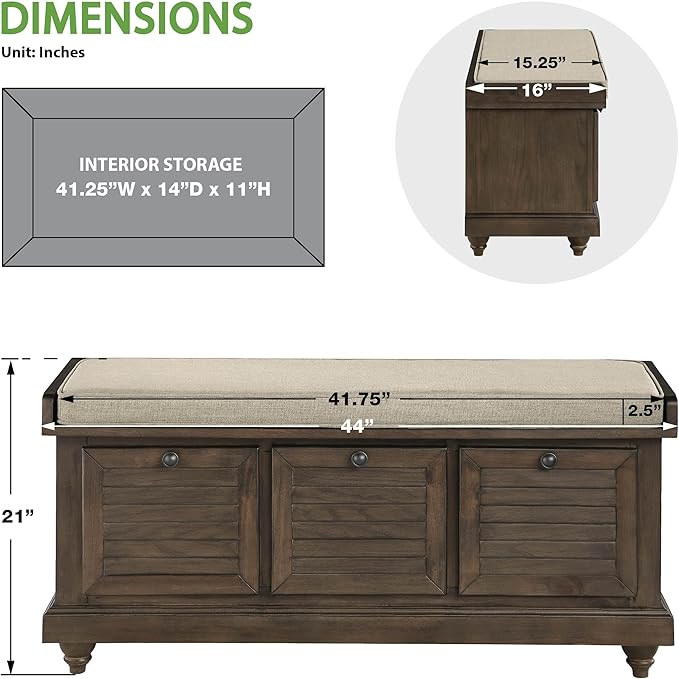 OSP Home Furnishings Dover Coastal Lift-Top Storage Bench with Shutter Face Styling, Dark Walnut Finish with Beige Fabric Cushion