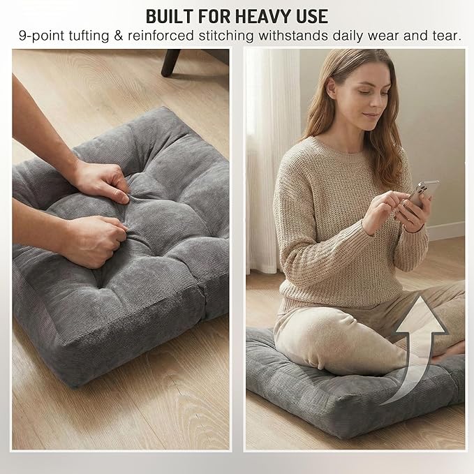 Degrees of Comfort Meditation Floor Pillow, Square Large Pillows Seating for Adults, Gray Tufted Corduroy Cushions for Outdoor Yoga Tatami Fireplace Living Room, Grey, 22x22 Inch