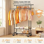 Double Rods Clothes Rack, Rolling Clothing Rack for Hanging Clothes Closet Rack with Wheels, Metal Portable Garment Rack with Double Shelves for Bedroom Laundry Living Room, Black