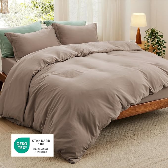 Bedsure California King Size Duvet Cover with Fitted Sheet - 4 Pieces Prewashed Cotton-Like Extra Soft Bedding Set, Includes 1 Duvet Cover 104x98 Inches, 2 Pillow Shams, 1 Fitted Sheet, Khaki