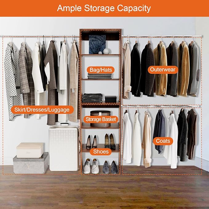 117 inch Large Wall-Mounted Closet Organizer with 5 Storage Shelves and 3 Hanging Rods – Open Wardrobe System (walnut)