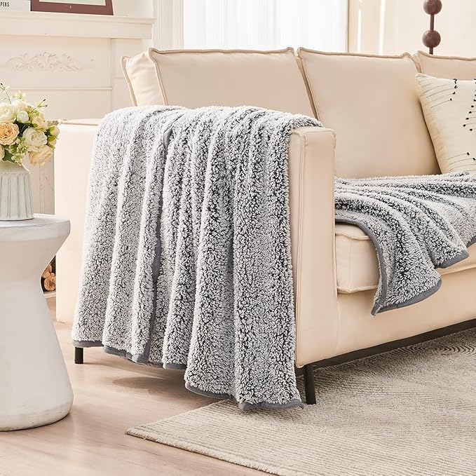 EMME Soft Sherpa Fleece Blanket Reversible Plush Fluffy Large Blanket, Light Weight Warm Decorative Boho Blanket Cover for Sofa, Couch, Bedroom,Travel(Plush Grey,90"x90")