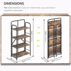 4NM No Assembly Folding Bookshelf, 4 Tiers Collapsible Book Shelves Open Industrial Foldable Storage Bookcase Shelf for Bedroom, Living Room, Home Office - Rustic Brown and Black