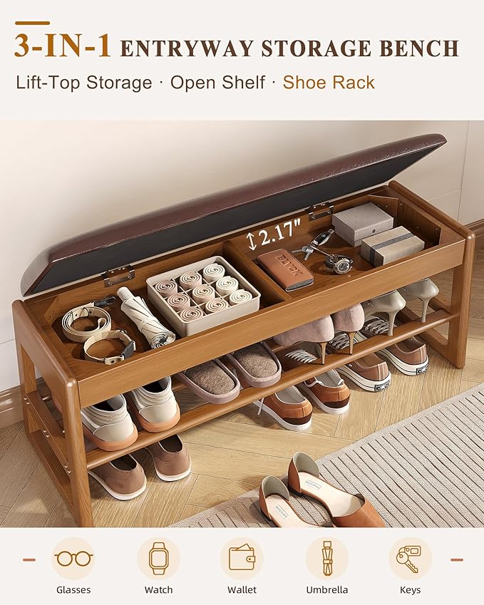 Shoe Rack Bench Seat Rubberwood 2-Tier Wooden Storage Bench 550lbs Compact Mid-Century Modern Design for Entryway, Hallway, Closet, Front Door Entrance, Foyer