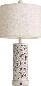 OYEARS 22'' Farmhouse Table Lamp for Living Room, Bedside Lamp with 2 USB Ports for Bedroom, Rustic Nightstand Lamp with Linen Lampshade for Office Hallway Home Decor, Distressed Grey (Bulb Included)