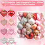 56PCS Valentines Tree Decorations Heart Ornaments, 8 Styles Valentines Day Heart Shaped Ornaments with Sweet Love Words Heart Baubles for Romantic Valentines Tree Decor Wedding Anniversary Decor